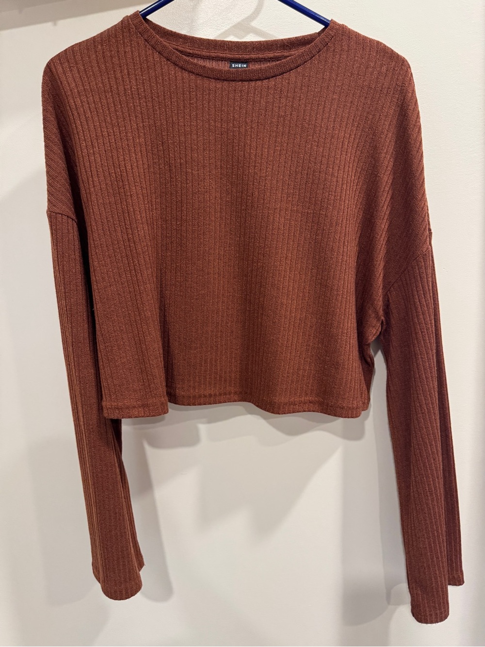 SHEIN Rust Brown Ribbed Long Sleeve Cropped Top